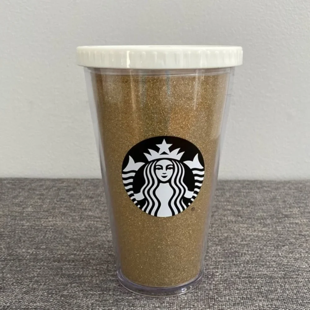 Starbucks Gold Glitter Tumbler Cold Beverage Cup Black Siren Logo NO STRAW 16 oz